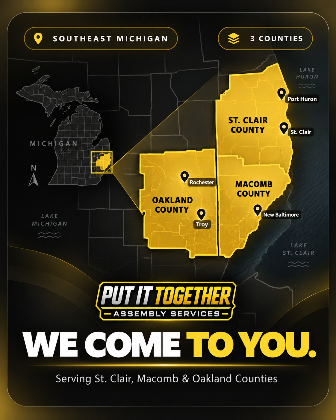 Map of Put It Together service area covering St. Clair, Macomb, and Oakland counties in Southeast Michigan